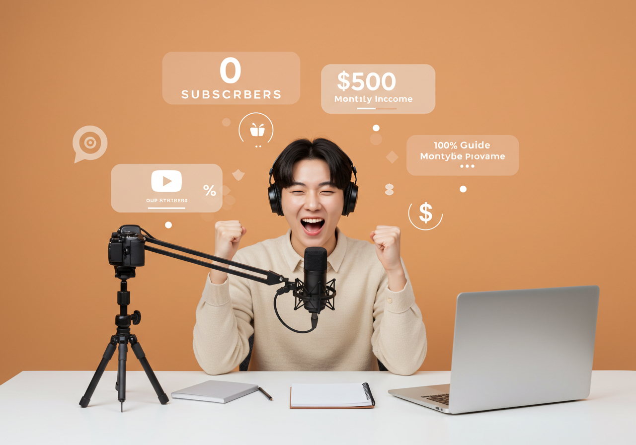 Creator with microphone and laptop, celebrating